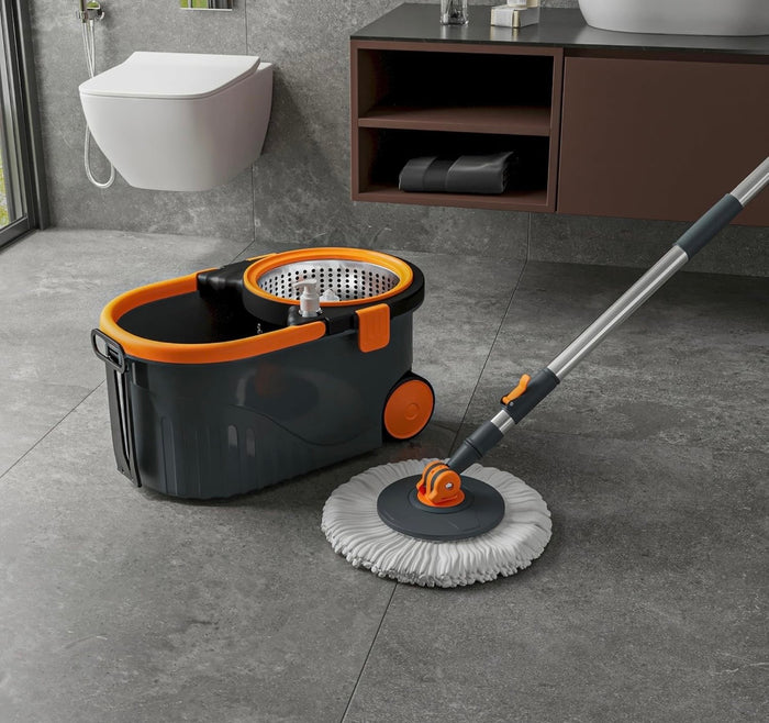 homiva homeware Mop with Stainless Steel Wringer & Big Wheels | 360° Rotating Mop, Adjustable Handle | Easy Floor Cleaning Bucket Set with 2 Microfiber Refills – Grey & Orange (46 x 26.5 x 23 cm)