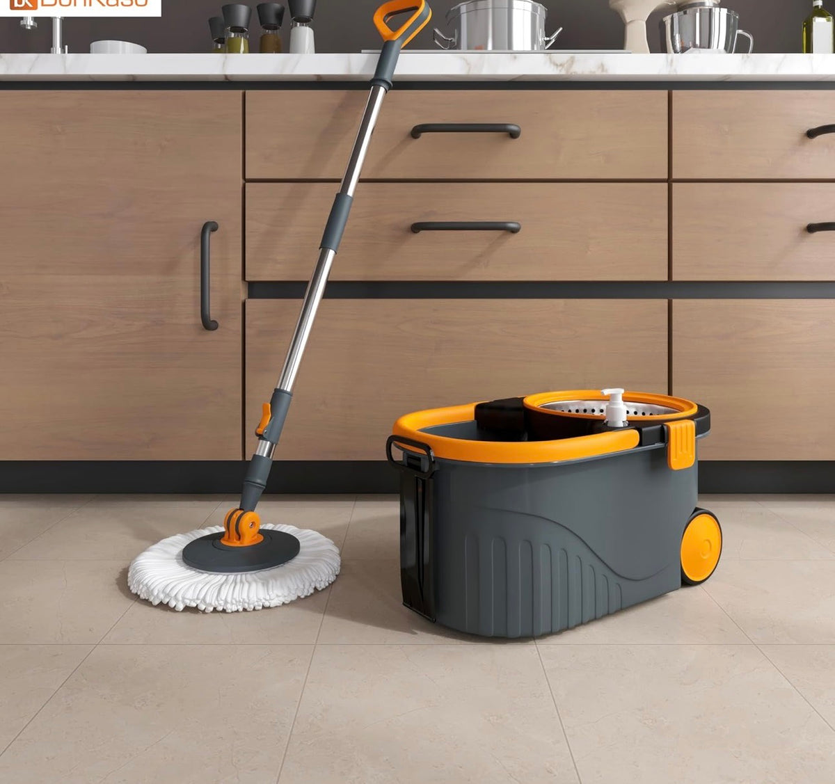 homiva homeware Mop with Stainless Steel Wringer & Big Wheels | 360° Rotating Mop, Adjustable Handle | Easy Floor Cleaning Bucket Set with 2 Microfiber Refills – Grey & Orange (46 x 26.5 x 23 cm)