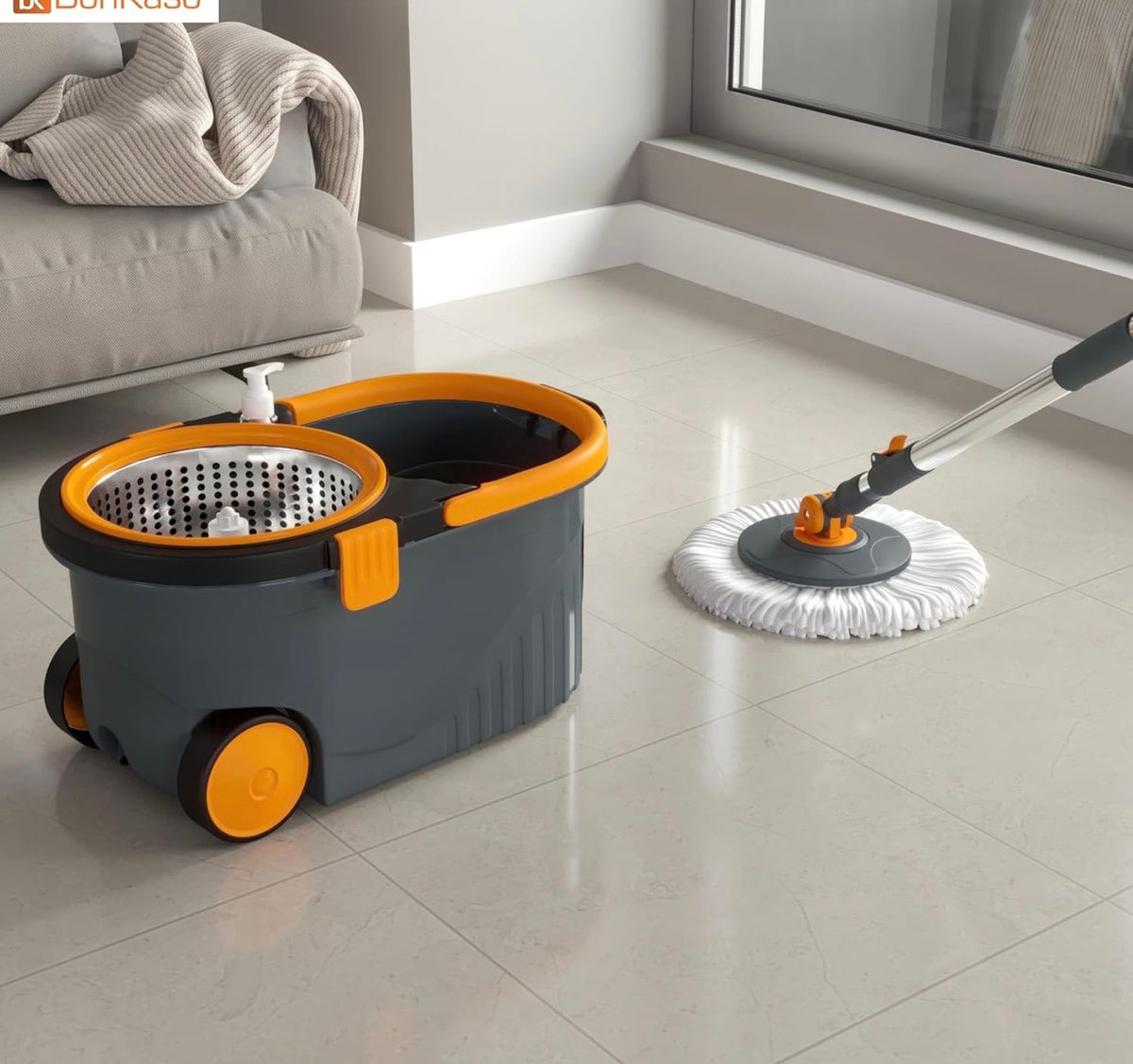 homiva homeware Mop with Stainless Steel Wringer & Big Wheels | 360° Rotating Mop, Adjustable Handle | Easy Floor Cleaning Bucket Set with 2 Microfiber Refills – Grey & Orange (46 x 26.5 x 23 cm)