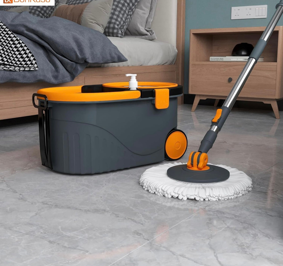 homiva homeware Mop with Stainless Steel Wringer & Big Wheels | 360° Rotating Mop, Adjustable Handle | Easy Floor Cleaning Bucket Set with 2 Microfiber Refills – Grey & Orange (46 x 26.5 x 23 cm)
